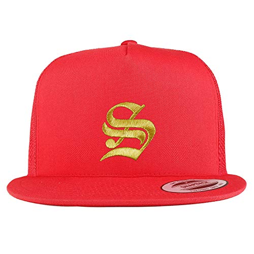 Trendy Apparel Shop Old English Gold S Embroidered 5 Panel Flatbill Trucker Mesh Cap