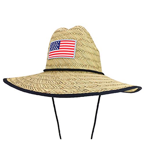 Trendy Apparel Shop US Flag Patch Wide Brim Lifeguard Summer Straw Hat - Natural