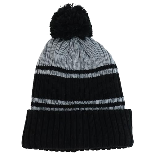 Trendy Apparel Shop Stripe Pattern Ribbed Knit Cuff Long Beanie with Pom Pom