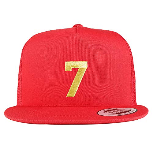 Trendy Apparel Shop Number 7 Gold Thread Embroidered Flat Bill 5 Panel Trucker Cap