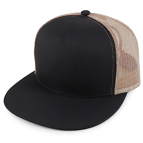 Trendy Apparel Shop Structured High Crown 5 Panel Round Flat Bill Trucker Cap