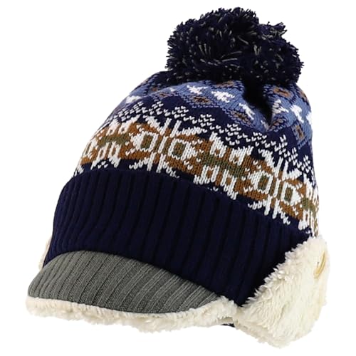 Trendy Apparel Shop Youth Size Kid's Warm Acrylic Brim Knit Winter Print Trapper Hat with Pom Pom
