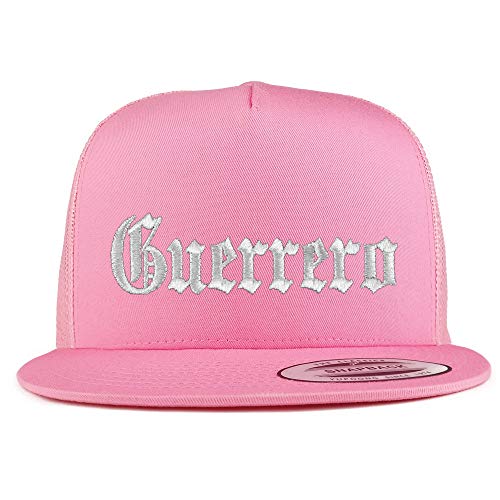 Trendy Apparel Shop Old English Guerrero White Embroidered 5 Panel Flatbill Trucker Mesh Cap