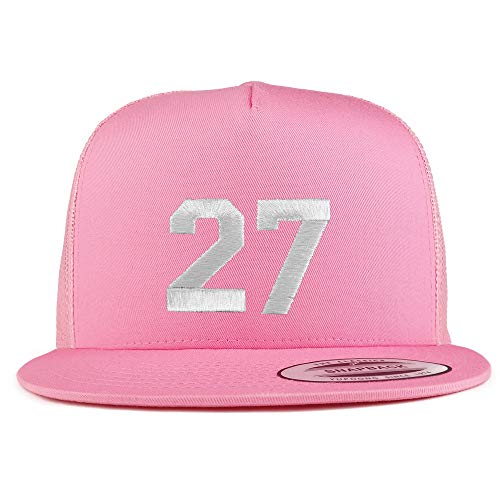 Trendy Apparel Shop Number 27 White Thread Embroidered Flat Bill 5 Panel Trucker Cap