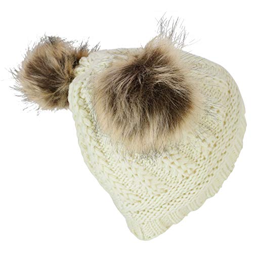 Trendy Apparel Shop Kid's Youth Size Girls Cable Knit Fur Pom Ears Beanie Hat