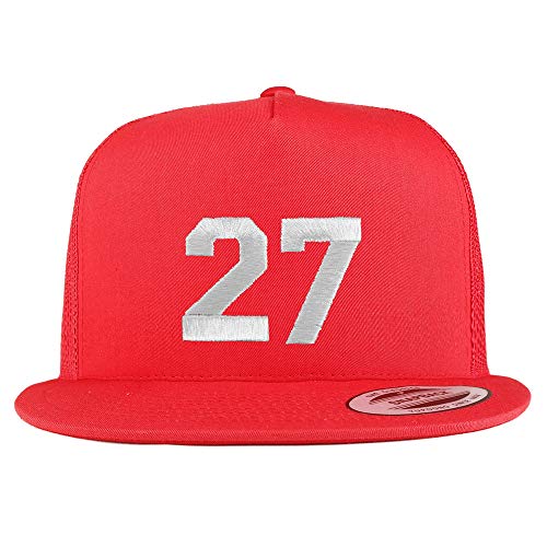 Trendy Apparel Shop Number 27 White Thread Embroidered Flat Bill 5 Panel Trucker Cap