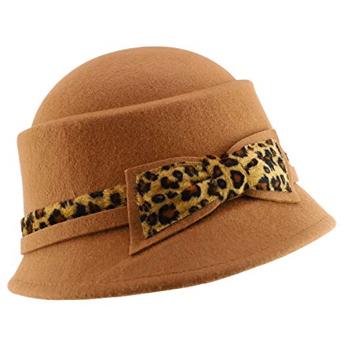 Trendy Apparel Shop Leopard Print Trimmed Ribbon Band Wool Felt Cloche Hat