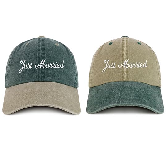 Trendy Apparel Shop Just Married Embroidered Pigment Dyed Cotton Couple 2 Pc Cap Set