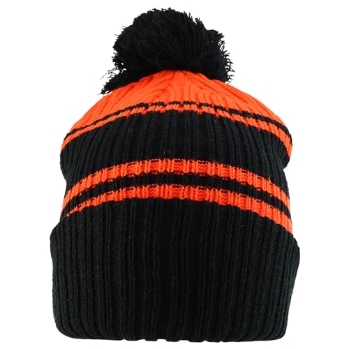 Trendy Apparel Shop Stripe Pattern Ribbed Knit Cuff Long Beanie with Pom Pom