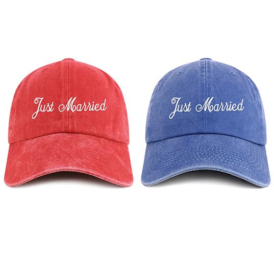 Trendy Apparel Shop Just Married Embroidered Pigment Dyed Cotton Couple 2 Pc Cap Set