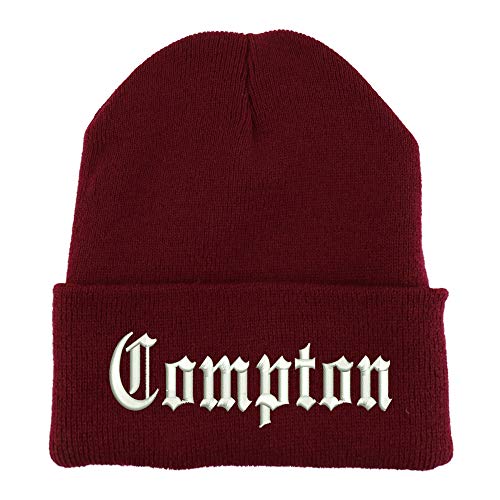 Trendy Apparel Shop Compton Old English Embroidered Made in USA Cuff Folded Acylic Knit Winter Beanie Hat