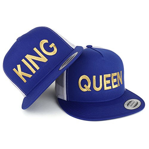 Trendy Apparel Shop King and Queen Gold Embroidered 5 Panel Flat Bill 2-Tone Mesh Cap