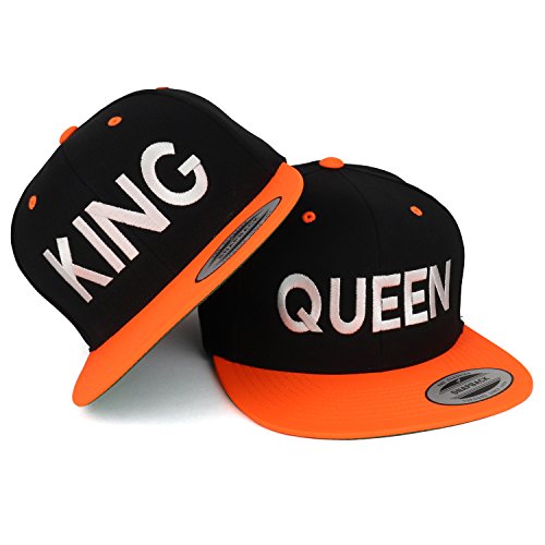 Trendy Apparel Shop King and Queen White Embroidered Flat Bill 2-Tone Ball Cap