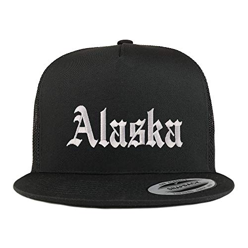 Trendy Apparel Shop Alaska State Old English 5 Panel Flatbill Trucker Mesh Cap