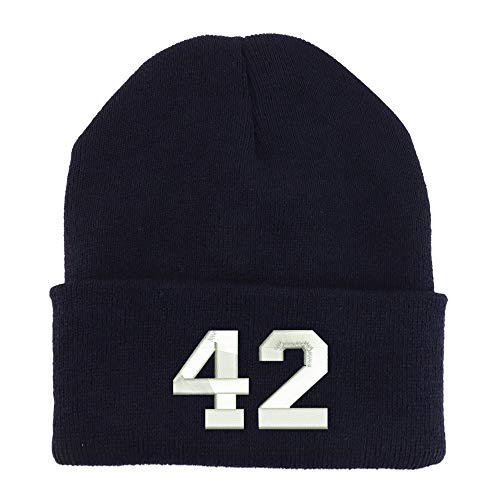 Trendy Apparel Shop Number 42 Collegiate Varsity Embroidered Made in USA Cuff Folded Acylic Knit Winter Beanie Hat