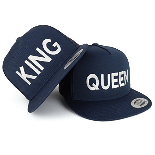 Trendy Apparel Shop King and Queen Embroidered 5 Panel Flat Bill Mesh Cap