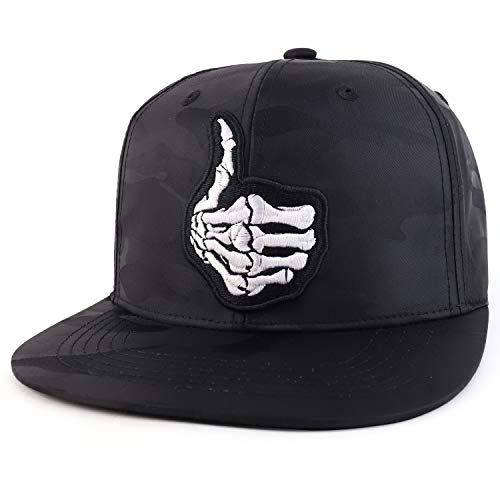 Trendy Apparel Shop Skeleton Finger Embroidered Camo Satin Flatbill Baseball Cap