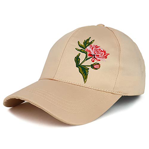 Trendy Apparel Shop Flower Embroidered Satin Structured Baseball Cap - Beige