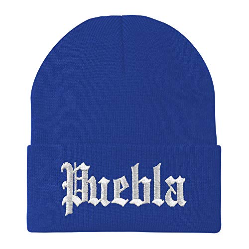 Trendy Apparel Shop Old English Puebla White Embroidered Acrylic Knit Beanie Cap