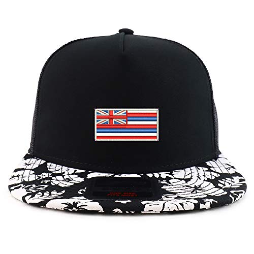 Trendy Apparel Shop Hawaii Flag Embroidered Floral Bill Mesh Snapback Cap - Black