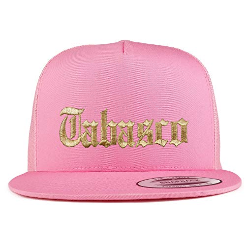 Trendy Apparel Shop Old English Tabasco Gold Embroidered 5 Panel Flatbill Trucker Mesh Cap