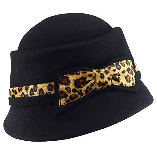 Trendy Apparel Shop Leopard Print Trimmed Ribbon Band Wool Felt Cloche Hat