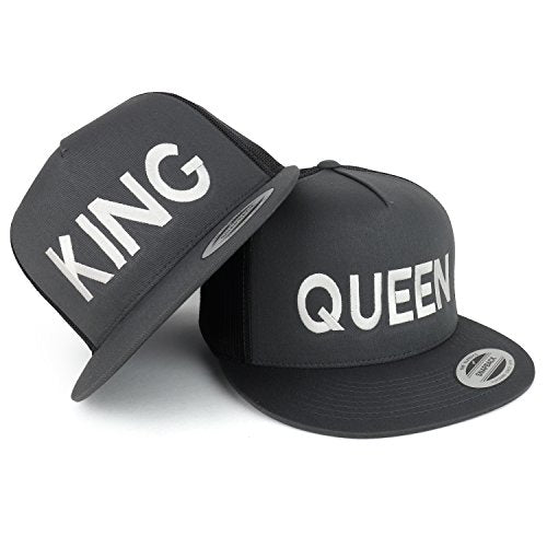 Trendy Apparel Shop King and Queen Embroidered 5 Panel Flat Bill Mesh Cap