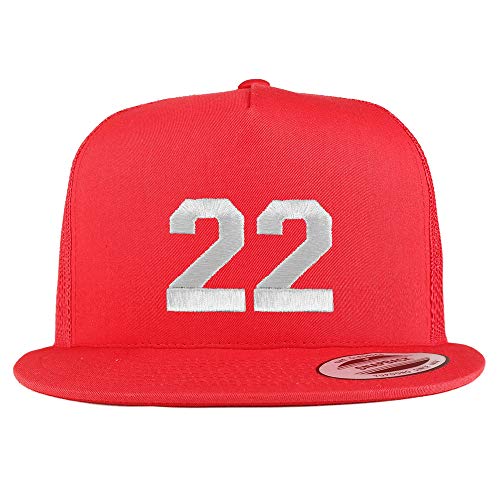 Trendy Apparel Shop Number 22 White Thread Embroidered Flat Bill 5 Panel Trucker Cap