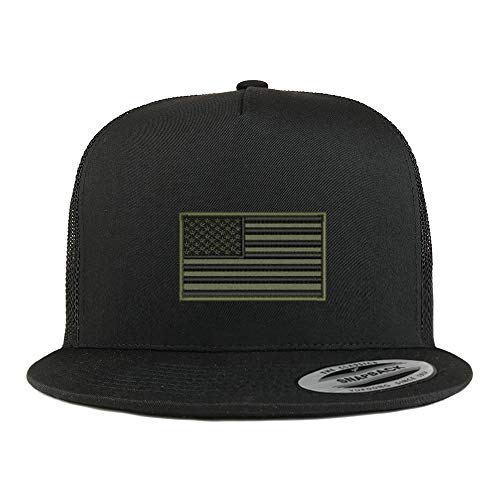 Trendy Apparel Shop Flexfit XXL USA Olive Flag Embroidered 5 Panel Flatbill Trucker Mesh Cap