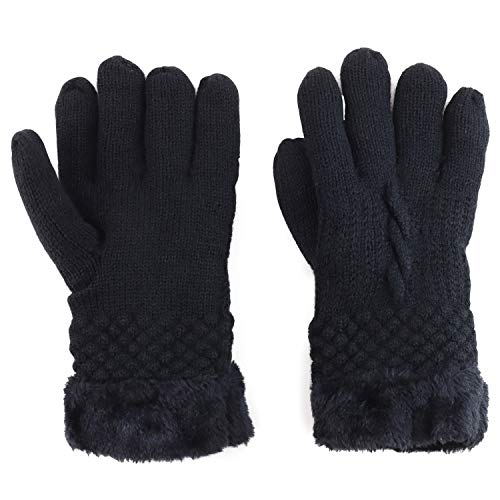 Trendy Apparel Shop Ladies Faux Fur Lined Knit Winter Gloves - Black