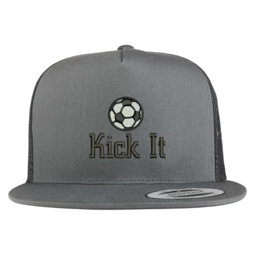 Trendy Apparel Shop Soccer Kick It Embroidered 5 Panel Flatbill Trucker Mesh Cap