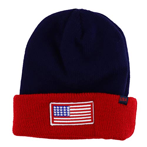 Trendy Apparel Shop USA American Flag Embroidered Stylish Acrylic Cuff Winter Beanie Hat