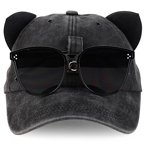 Trendy Apparel Shop Washed Cotton Cat Ear Baseball Cap with Sunglasses Holder
