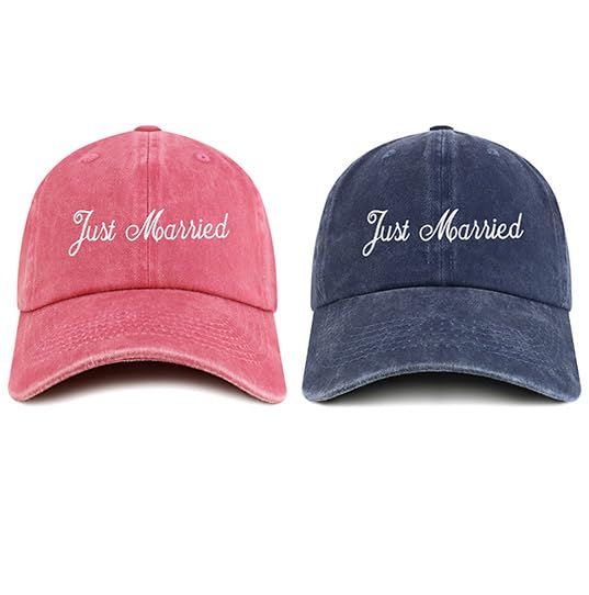 Trendy Apparel Shop Just Married Embroidered Pigment Dyed Cotton Couple 2 Pc Cap Set