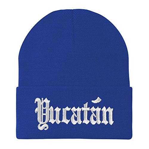 Trendy Apparel Shop Old English Yucatan White Embroidered Acrylic Knit Beanie Cap
