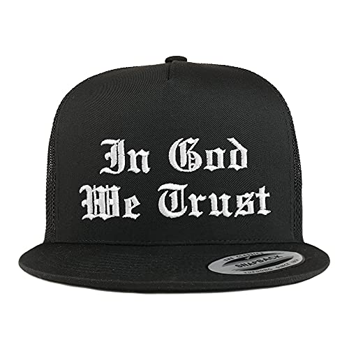 Trendy Apparel Shop in God We Trust Old English 5 Panel Flatbill Trucker Cap