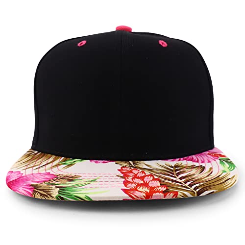 Trendy Apparel Shop Two Tone Tropical Flower Hibiscus Print Flat Bill Snapback