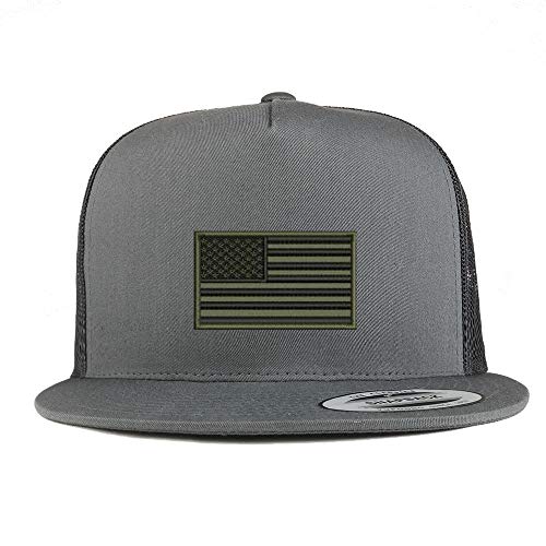 Trendy Apparel Shop Flexfit XXL USA Olive Flag Embroidered 5 Panel Flatbill Trucker Mesh Cap