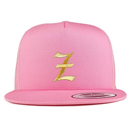 Trendy Apparel Shop Old English Gold Z Embroidered 5 Panel Flatbill Trucker Mesh Cap