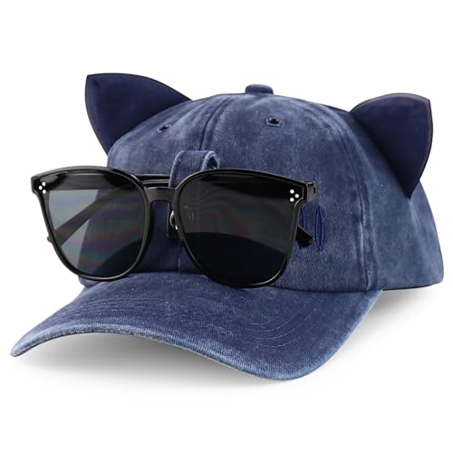 Trendy Apparel Shop Washed Cotton Cat Ear Baseball Cap with Sunglasses Holder