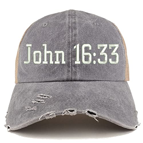 Trendy Apparel Shop John 16:33 Frayed Bill Trucker Mesh Back Cap