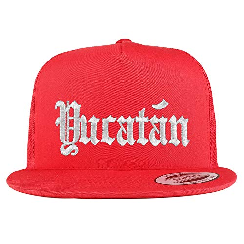Trendy Apparel Shop Old English Yucatan White Embroidered 5 Panel Flatbill Trucker Mesh Cap