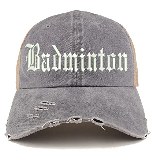 Trendy Apparel Shop Old English Badminton Frayed Bill Trucker Mesh Back Cap