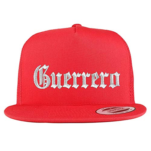 Trendy Apparel Shop Old English Guerrero White Embroidered 5 Panel Flatbill Trucker Mesh Cap