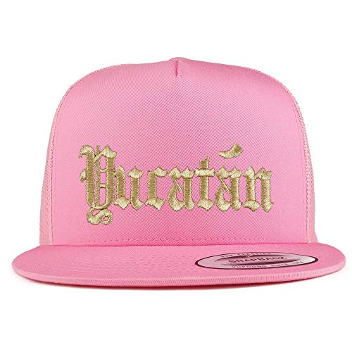 Trendy Apparel Shop Old English Yucatan Gold Embroidered 5 Panel Flatbill Trucker Mesh Cap