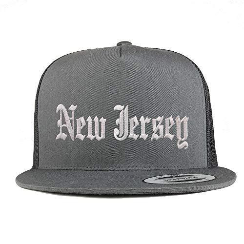 Trendy Apparel Shop New Jersey State Old English 5 Panel Flatbill Trucker Cap