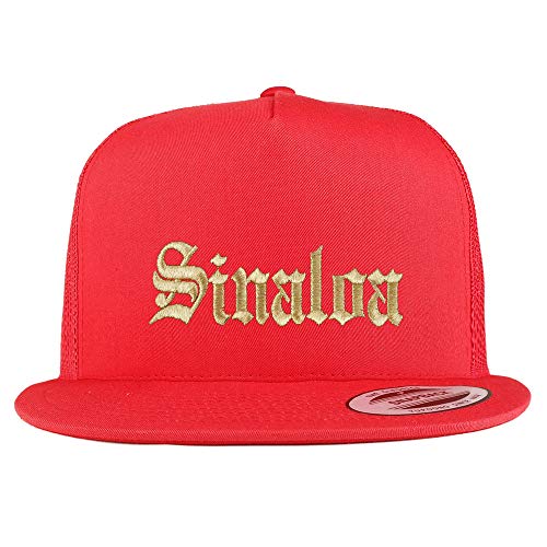 Trendy Apparel Shop Old English Sinaloa Gold Embroidered 5 Panel Flatbill Trucker Mesh Cap