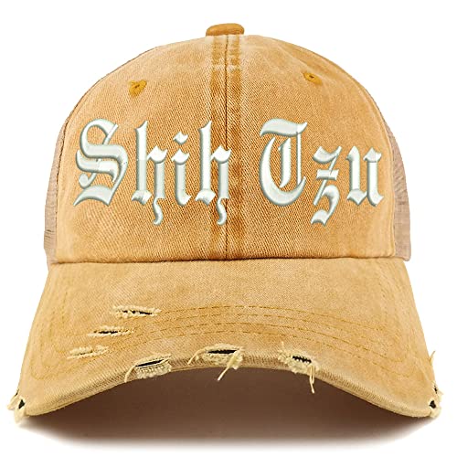 Trendy Apparel Shop Old English Shih Tzu Frayed Bill Trucker Mesh Back Cap