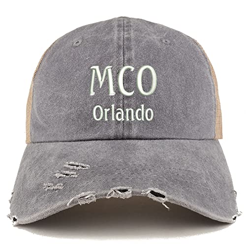 Trendy Apparel Shop MCO Orlando Embroidered Frayed Bill Trucker Mesh Back Cap