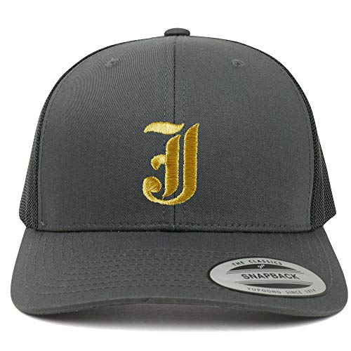 Trendy Apparel Shop Old English Gold J Embroidered Retro Trucker Mesh Baseball Cap